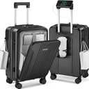 Carry On Luggage with Top Opening, Expandable Hard Shell Suitcase with Front Pocket, Cup Holder & USB Charging Port, Phone Mount, Side Hooks,Spinner Wheels & TSA Lock (Black, 20 inches)