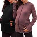 DEBELLY Maternity Sweatshirts Long Sleeve Full Zip Hoodie Casual Pregnancy Women Jacket Top with Pockets,Thumb Hole,Side Ruch (Large, Black and Burgundy)