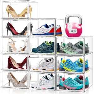 Acrylic Shoe Storage Boxes 12 Pack,Clear Sturdy Plastic Stackable Shoe Organizer for Closet Large Size with Magnetic Lids Durable Sneaker Containers, Space Saving Shoe Boxes for Men Women