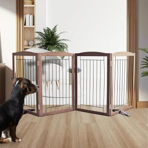 ZJSF Freestanding Dog Fence Indoor, Foldable Dog Gate for Doorways, Stairs or Hallways, Sturdy Wood Extra Wide Pet Gate with Support Feet for The House, Brown, 32 "Height-4 Panels
