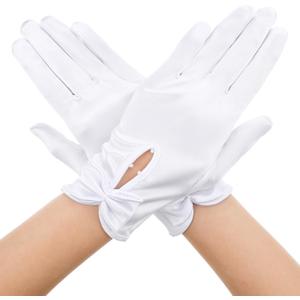 White Dress Gloves Short Satin Wrist Length Gloves for Women Elegant Bow Pearl Tea Party Glove Banquet Opera Bridal Wedding Evening Glove (White)