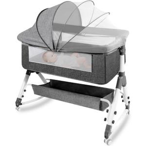 AOBOTE Baby Bassinet,Foldable Newborn Crib with Mosquito Net and Wanxiang Silent Wheel, Adjustable Height,Bassinet Bedside Sleeper (AB010011-1)