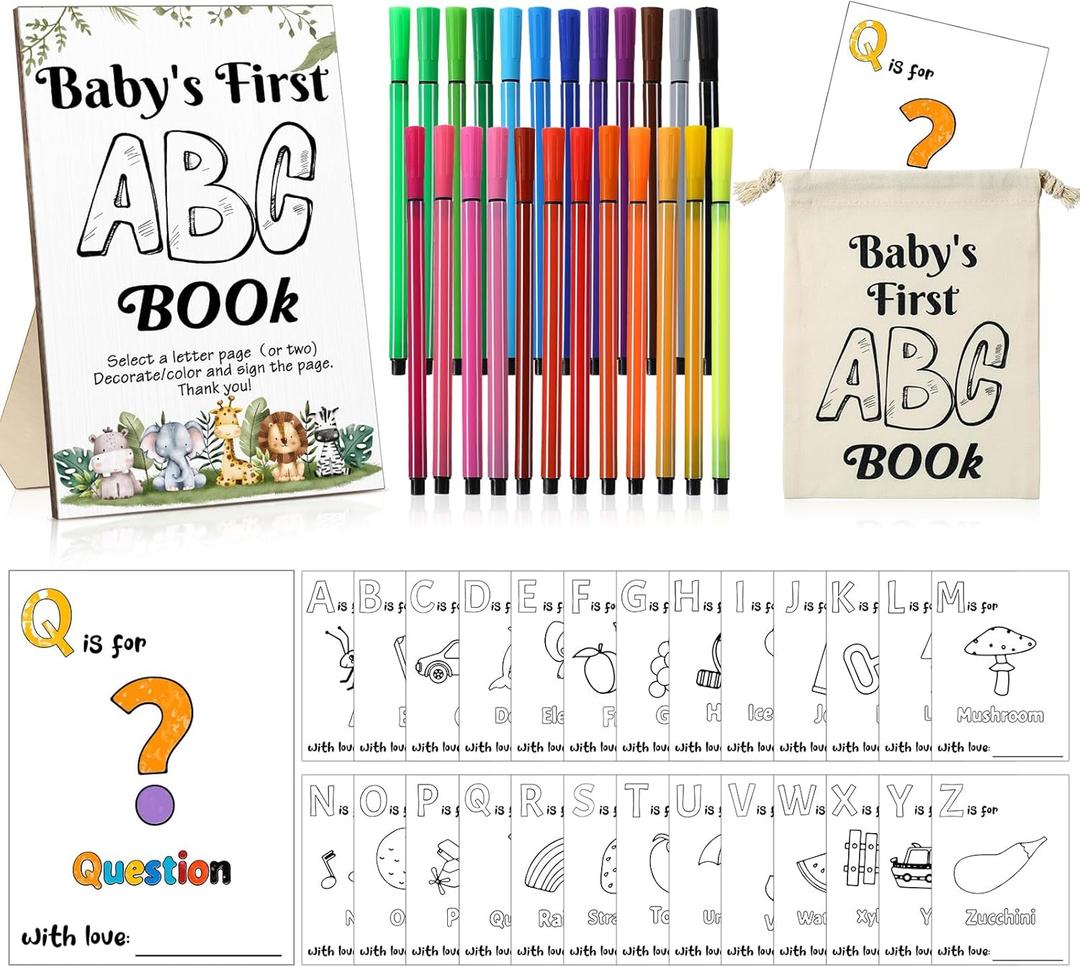 Geelin 51 Pcs Fun Baby Shower Coloring Kit First Abc Book Sign Guest Book Alternative 26 Alphabet a to Z Coloring Card with 24 Watercolor Storage Bag for Party Activities Decorations(Safari)