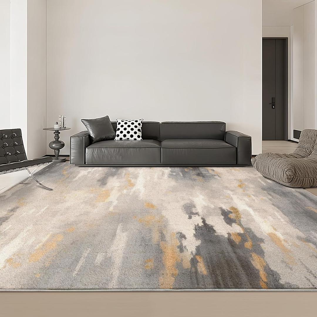 OMERAI Modern Abstract Machine Washable Area Rug 8'x10' - Ultra-Thin Large Area Rug for Living Room, Bedroom, Dining Room, Office, Kitchen - Non Slip Stain Resistant Carpet (Grey-Gold)