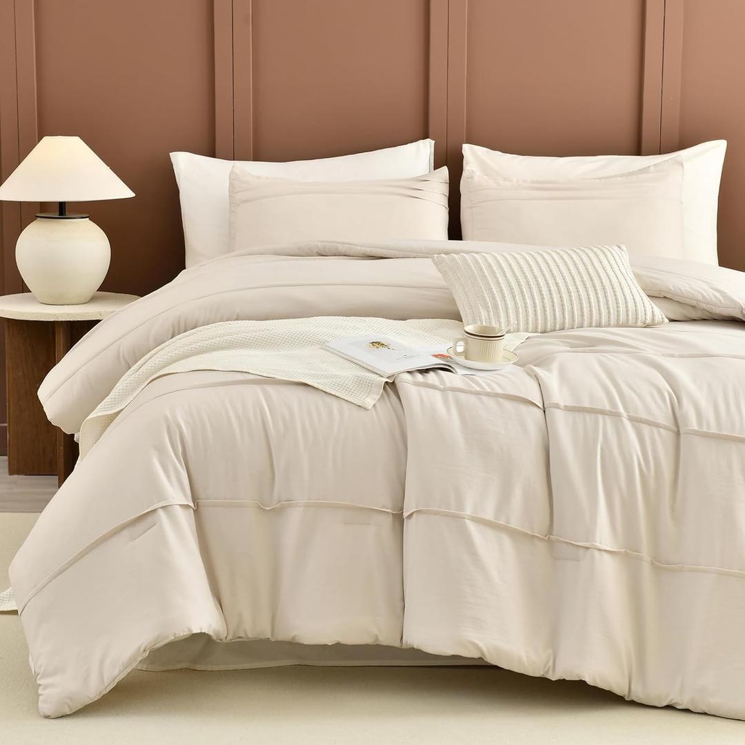 Sanracie 100% Cotton Comforters Queen Size(90"x 95"),Pinch Pleated Wheat Colored Super Soft Lightweight Bedding Set 3Pcs Natural Breathable Comforter Sets for All Season