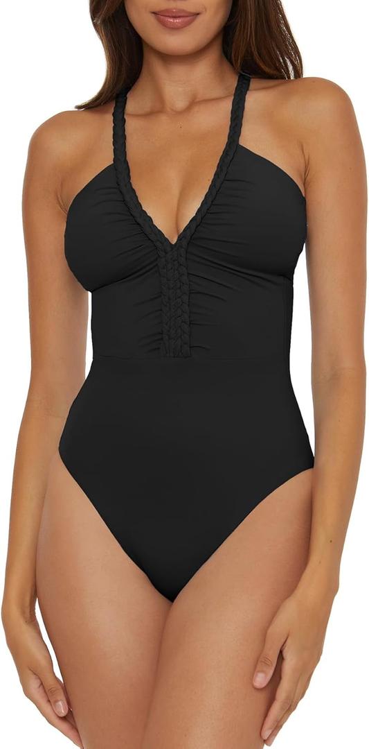 Women's Standard Lake Side Braided Maillot One Piece Swimsuit, Bathing Suits (Medium, Black)