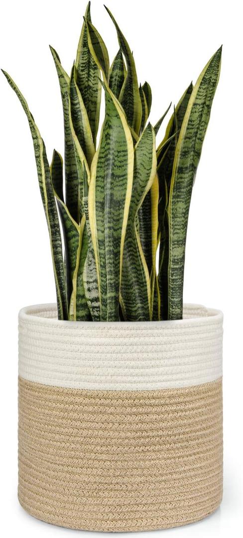 Dahey Jute Cotton Rope Plant Basket Mini Woven Storage Basket for Up to 7" Planter, Decorative Flower Pot Cover Closet Storage Bin Table Desk Organizer Modern Home Decor,  White and Beige, 7.3"W × 7.3"H