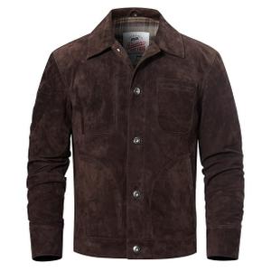 FLAVOR Men's Suede Leather Jacket Trucker Coat (Medium, Dark Brown)