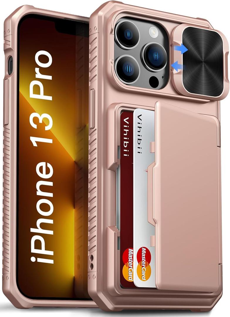 Vihibii for iPhone 13 Pro Wallet Case with Card Holder (4 Cards), [RFID Blocking] & Slide Lens Camera Cover & Raised Edges Protect Screen, Shockproof Rugged Wallet Phone Case, 6.1" 2021, Rose Gold