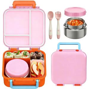 Bento Box for Kids with Soup Thermos(9oz) Kid Bento Lunch Box with Leak Proof Insulated Food Jar, Hot & Cold Lunch Container Set for School Girls Boys, 4-Compartments, Pink/Orange