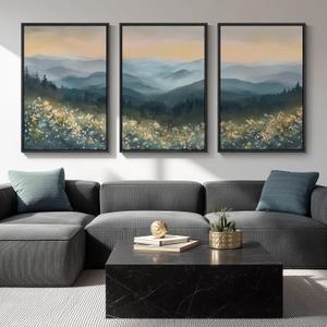 Framed Mountain Landscape Wall Art for Living Room, Large Watercolor Wildflower Scenic Artwork for Walls, 3 Piece Boho Foggy Nature Aesthetic Canvas Painting Print for Bedroom Office Kitchen, 24x36 In