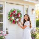 Pinkpuii Spring Wreaths for Front Door Outside 24 Inch Spring Summer Wreath with Vibrant Pink Peony,Tulip & White Rose Flowers and Hello Wooden Sign,Ideal for Farnhouse Porch,Wall,Window Dcor