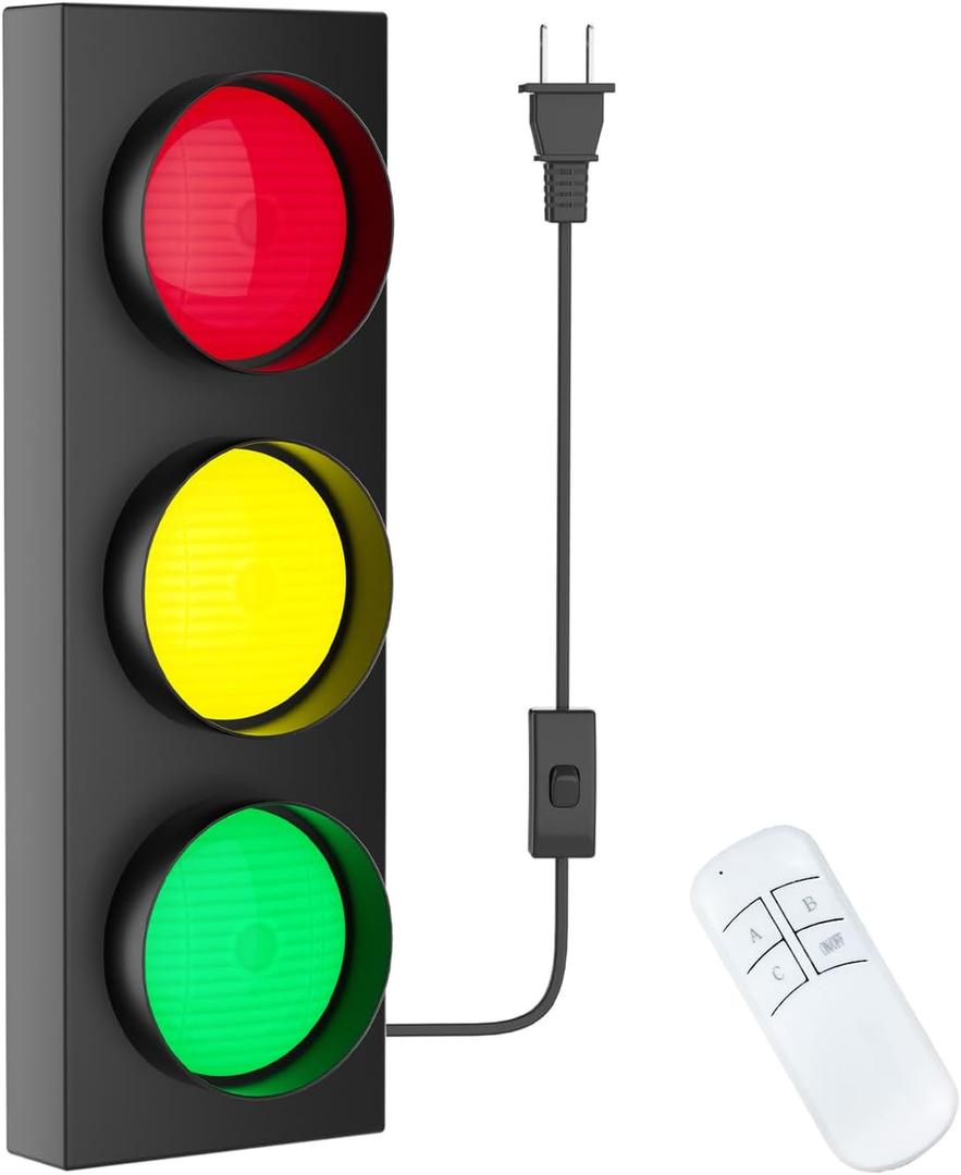 Traffic Light Lamp Decor on Wall: Remote Control LED with Easy Installation - Stop Signal Adjustable Color Green Red Yellow - Retro Industrial Design for Kids Room Classroom Bedroom Party Bar