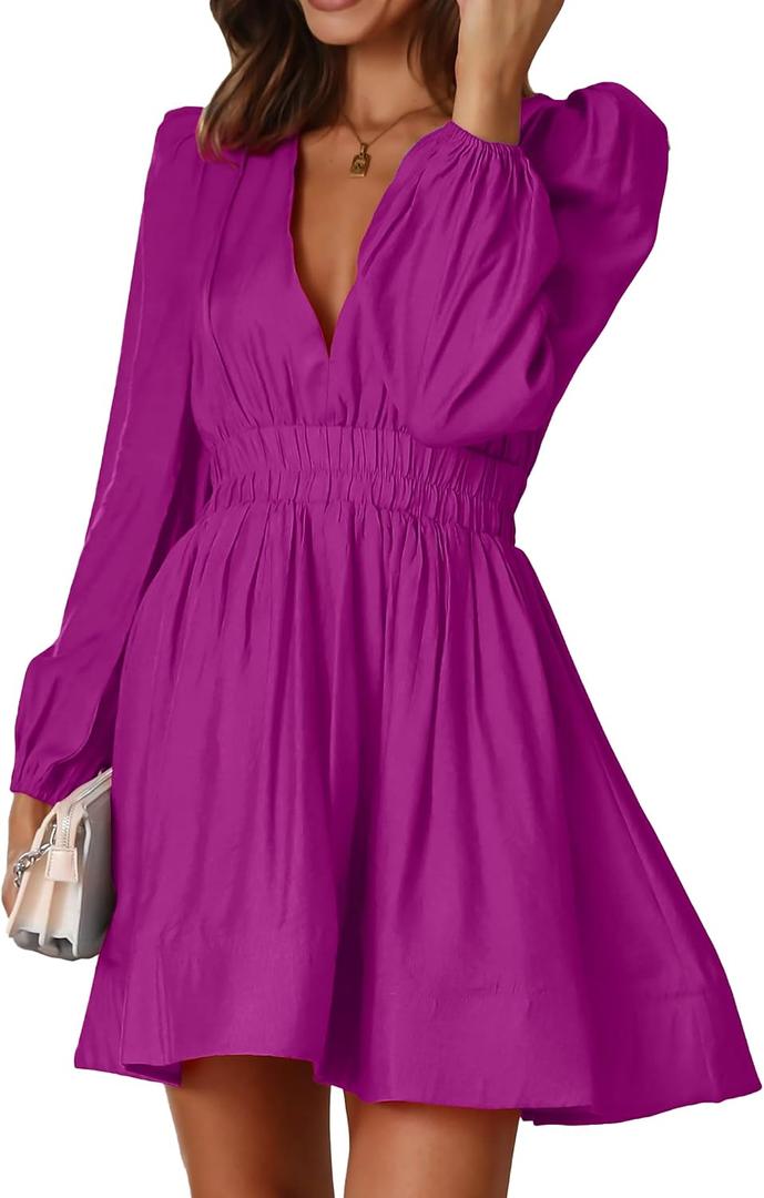 FAIABLE Mini Deep V Sexy Long Sleeve Dress for Women A-line High Waisted Casual Flowy Dress for Cocktail Wedding Guest (Purple, S)