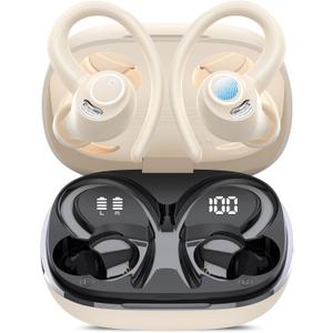 Wireless Earbuds, Bluetooth 5.4 Headphones Sport, Over Ear Buds With ENC Noise Cancelling Mic,48H,Wireless Earphone With Earhooks, Stereo Deep Bass,IP7 Waterproof ear bud for Workout Running,Off White