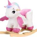 Rengue Unicorn Baby Rocking Horse, Toddler Kids Pink Fairy Unicorn Rocking Horse with Wooden Base Seat Safety Belt for 6 Months to 3 Years