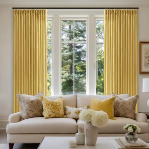 Mustard Yellow 90 Inch Linen Curtains Pinch Pleated for Living Room Bedroom Dining Boho Light Filtering Spring Decor Pinch Pleat Drapes Back Tab Semi Sheer Harvest Autumn Golden Ochre Window Curtains