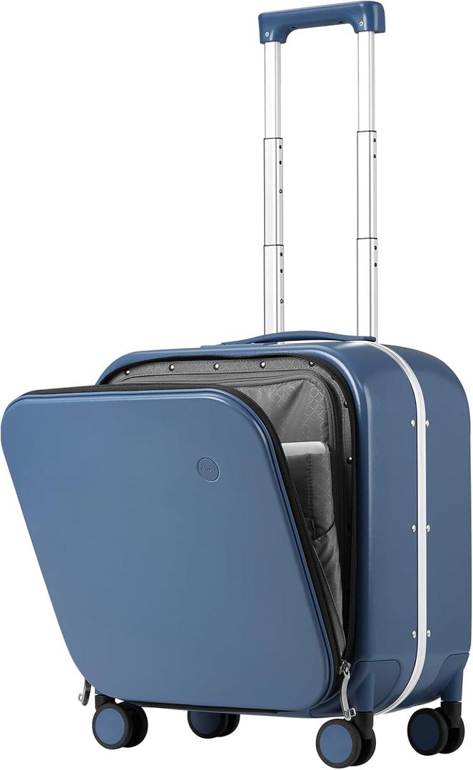 mixi Carry On Luggage, 18 Suitcase with Front Pocket, Travel Luggage Aluminum Frame PC Hardside with Spinner Wheels & TSA Lock and Cover (Not for Underseat), Sapphire Blue