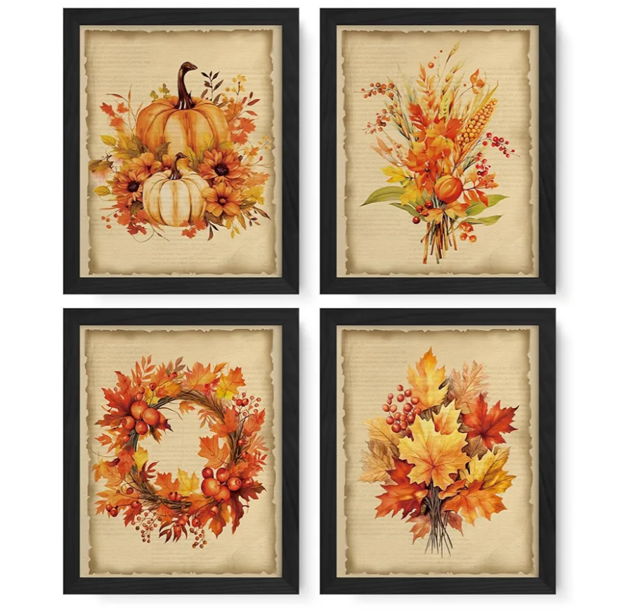 JXREQ Vintage Pumpkins Fall Wall Art Decor for Home Kitchen Bathroom Bedroom, Thanksgiving Decorations Wall Decor Prints Set of 4, Autumn Leaves Wreath Posters, 8x10 Inch Unframed 2 Pack