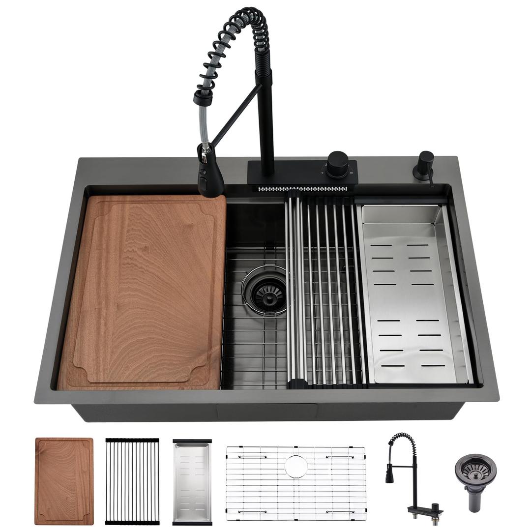 BoomHoze 33 Inch Black Drop In Waterfall Kitchen Sink Workstation