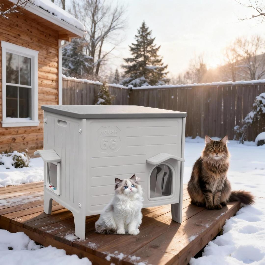 Weatherproof Insulated Outdoor Cat House for Feral Cat, Plastic Elevated Cat Shelter with Escape Door, Easy Assemble, Expansive Interior Grey 22.0" L x 21.0" W x 16.0" H