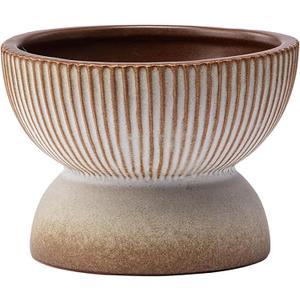 Napco 22411 Ribbed Round Bowl Pedastal Base 4.25 x 4.25 x 3.25 inches Black and Brown Ceramic Flower Succulent Plant Pot Planter Container Holder, Indoor Outdoor Garden Dcor