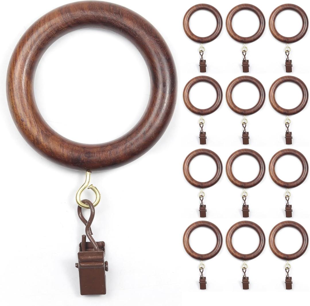 24 Pack Wooden Curtain Rod Rings with Clips  Fits 11.5 Inch Poles (Natural Rosewood)