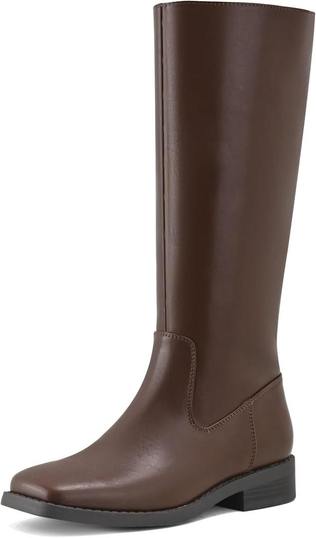 Shoe'N Tale Knee High Boots for Women Block Low Heel Stretchy Square Toe with Side Zipper Fall and Winter Fashion Comfortable Boots (Brown)