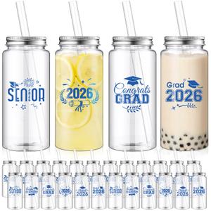 Yiyiring 48 Pcs Graduation Gifts 13.5 oz Class of 2026 Plastic Cups with Lid and Straws Bulk Senior Mason Jars Bottles Reusable Tumblers for College Congrats Graduate Party Supplies (Blue Black)