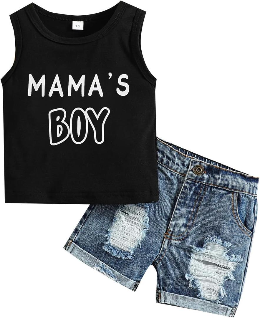Toddler Baby Boys Summer Outfit Set Sleeveless Vest Mama's Boy Embroidery Clothes Tank Tops with Ripped Denim Shorts