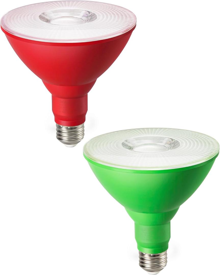 EDISHINE Christmas Decorations PAR38 Red & Green LED Flood Light Bulbs Outdoor, Dimmable LED Light Bulb, 18W(120W Equivalent), Outdoor Weatherproof Light Bulb for Christmas, E26 Base, 2 Pack