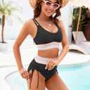 High Waisted Bikini Sets for Women Sporty Color Block Two Piece Bathing Suit Tummy Control Swimsuits Scoop Neck (Black, S)