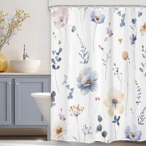 Omifly Stall Small Watercolor Floral Shower Curtain 48Wx72H Inch Rv Blue Flower Spring Leaves Plant Modern Botanic Minimalist Farm with 8 Plastic Hooks Fabric Waterproof Toilet Accessories Decor