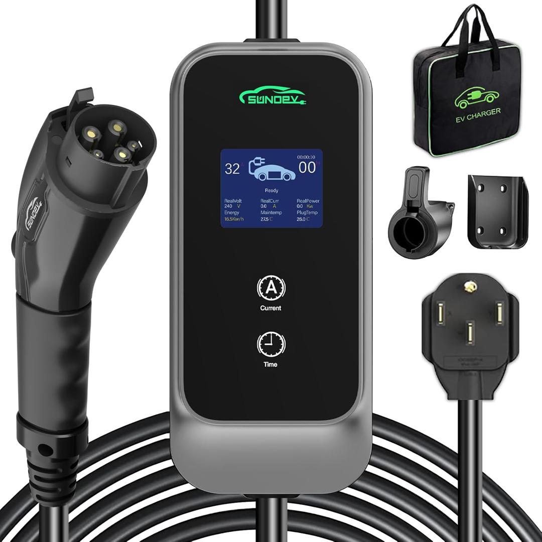 Level 2 EV Charger, 32A 240V Electric Car Charger for SAE-J1772 EVs, Indoor/Outdoor Portable EV Chargers with 25FT Cable, NEMA 14-50 Plug, Adjustable Current & Schedule Charging Time
