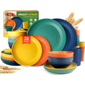 Teivio 32-Piece Kitchen Plastic Wheat Straw Dinnerware Set, Service for 8, Dinner Plates, Dessert Plate, Cereal Bowls, Cups, Unbreakable Colorful Plastic Outdoor Camping Dishes, Autumn Multicolor