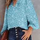 BLENCOT Boho Floral Print Chiffon Blouses for Women Smocked V Neck Long Sleeve Loose Tops Shirts Light Blue XL (Blue, XL)