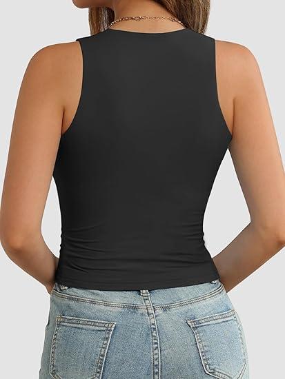 ATHMILE Womens Double Lined Crop Tank Tops Casual Basic Shirts Sleeveless Workout Tops Cute Summer Clothes Teen Girls, Black, Large