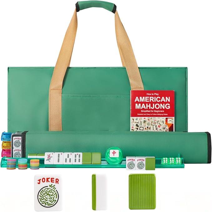 GUSTARIA American Mahjong Game Set, 166 Green Tiles, 4 All-in-One Color Rack/Pushers, Complete Mahjong Tile Set，Green Carrying Bag