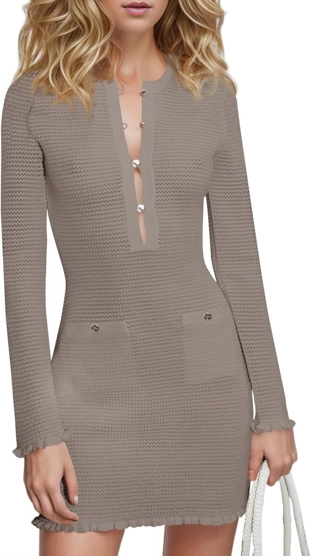 Cicy Bell Womens Knit Sweater Dress Sexy Deep V Neck Long Sleeve Button Front Frill Slim Fit Mini Dress (Medium, Khaki)
