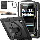 SEYMAC stock for iPad Pro 13 inch Protective Case M5 2025/M4 2024, Heavy Duty Case with Screen Protector, Pencil Holder, Rotating Stand, Hand Strap, Shoulder Strap, Black