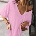 REORIA Women's Trendy Oversized V-Neck T Shirt Drop Shoulder Contrast Stitching Loose Fit Tops for 2026 Spring Summer (XL)