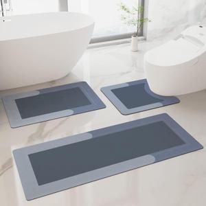 HelloTree 3PCS Bath Mat Rug Rubber Non Slip Quick Dry Rug Sets Super Absorbent Thin Bathroom Rugs Fit Under Door Blue Washable Bathroom Floor Mats for in Front of Bathtub, Shower Room, Sink