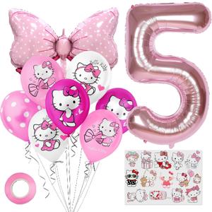 Cute Cartoon Birthday Decoration Party Supplies, Including Pink Thematic Numbers 5 Foil Balloons, Cute Latex Balloons, Cartoon Sticker