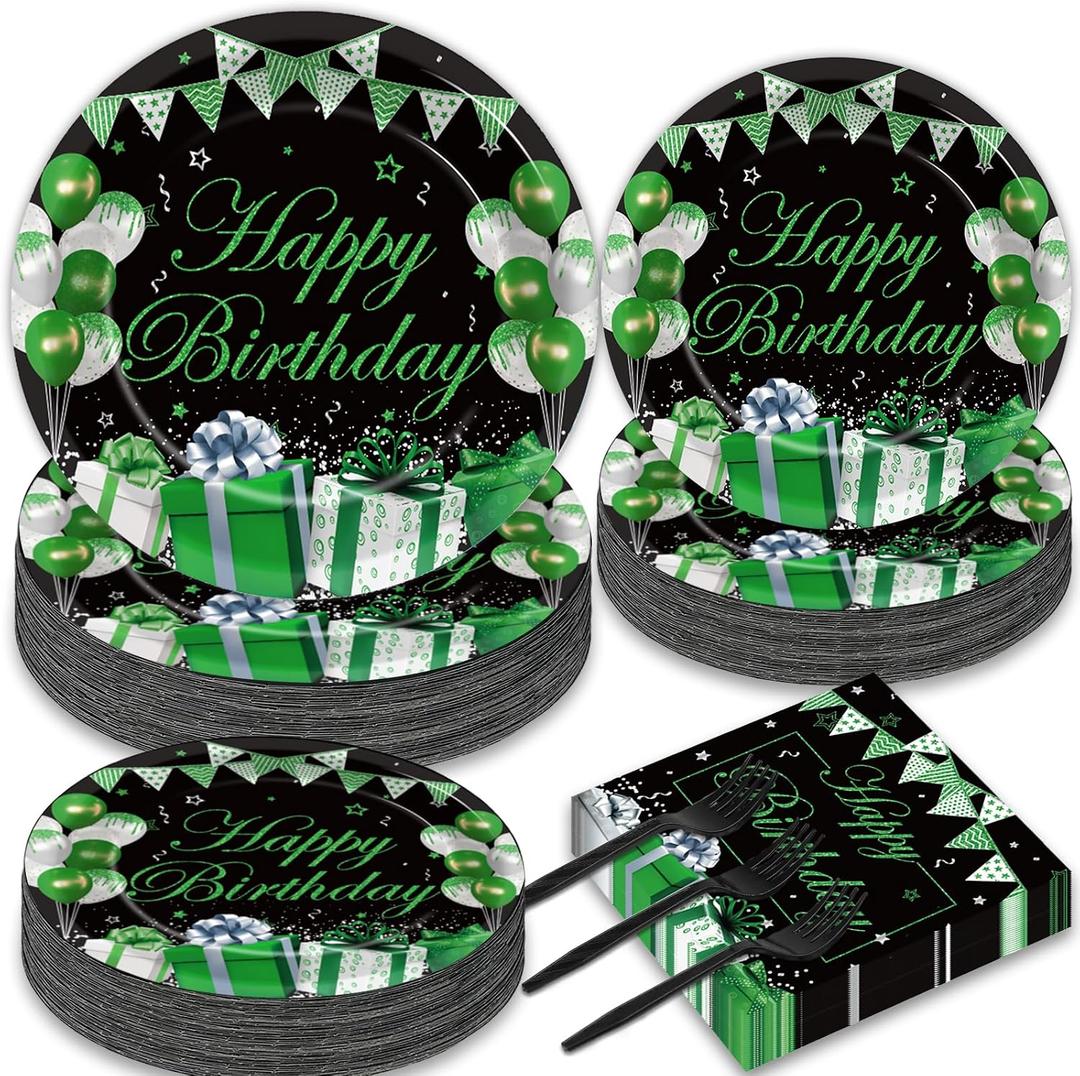 gisgfim 200PCS Green and Black Silver Happy Birthday Party Decorations Birthday Party Tableware Set Confetti Sprinkles Green Birthday Plates Napkins Forks Table Decors for Men Women, 50 Guests