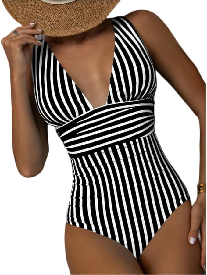 GROWBY Striped One Piece Swimsuit Vintage Swimwear Women Bathing Swimming Suit Female Summer Beachwear Bodysuit L