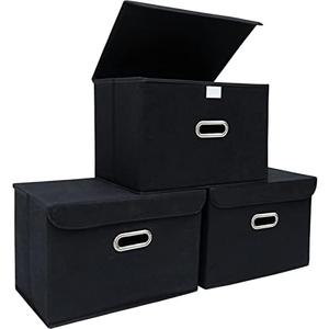 Amazon.com - STOREONE Fabric Storage Cube Bins Foldable Organizer Container Collapsible Basket with Lids and Metal Handles, for Home, Bedroom, Closet (Black, 3 Pcs)