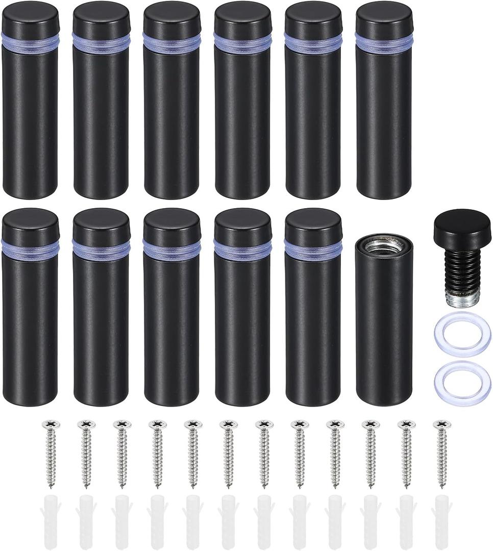 PATIKIL 1/2 x 1.6 Inch Sign Standoff Screws, 12 Set Stainless Steel Wall Standoff Mounting Hardware Advertising Glass Nail for Hanging Acrylic Picture Frame Acrylic Panel, Black