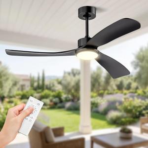 Obabala 52 Inch Ceiling Fan with Light and Remote, 3 black Solid Wood Blades, DC Motor Quiet 35dB, Dimmable LED Reversible for Bedroom Living Room Indoor Outdoor, 6 Speed Timer Downrod