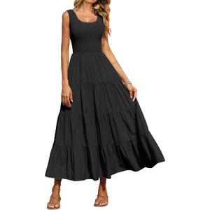PRETTYGARDEN Women's 2026 Casual Loose Plain Maxi Sundress Smocked Tank Dress Sleeveless Summer Beach Tiered Long Dresses (Black, Small)
