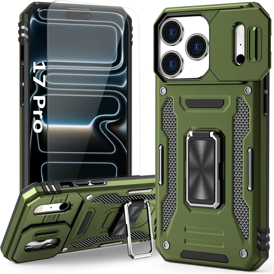 Phone Case Compatible with i Phone17 Pro Case with Camera Lens Cover & HD Screen Protector, with Ring Holder Kickstand, fit Magnet Car Mount, for iPhone 17 Pro (Olive Green)